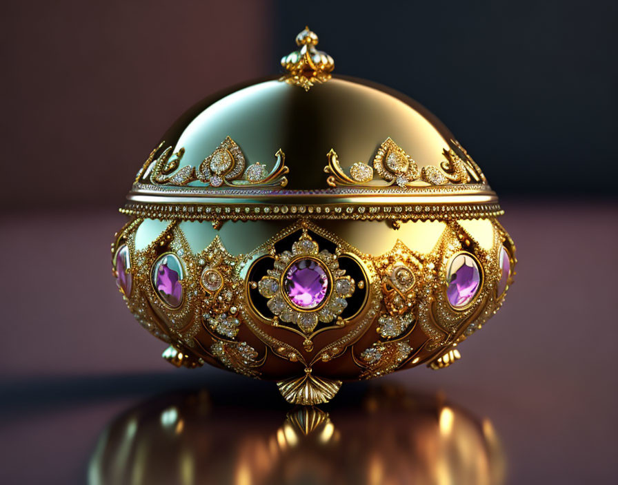 Intricate golden egg with purple gemstones on blurred background