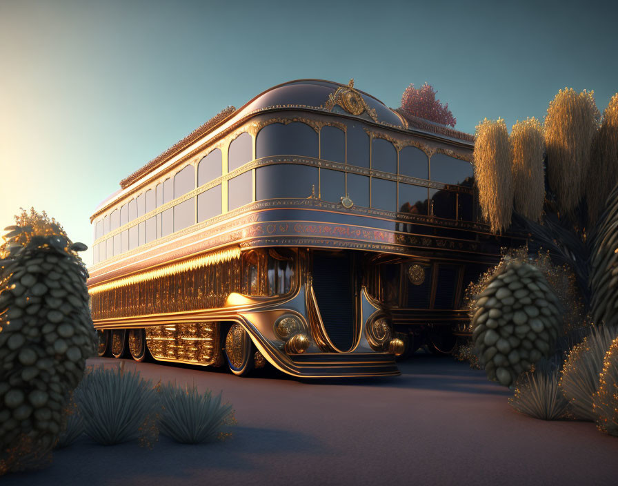 Vintage Double-Decker Bus with Golden Trimmings in Surreal Landscape