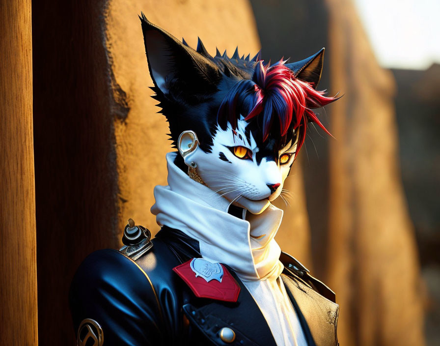 Anthropomorphic cat character with black and white fur and red hair wearing a blue jacket