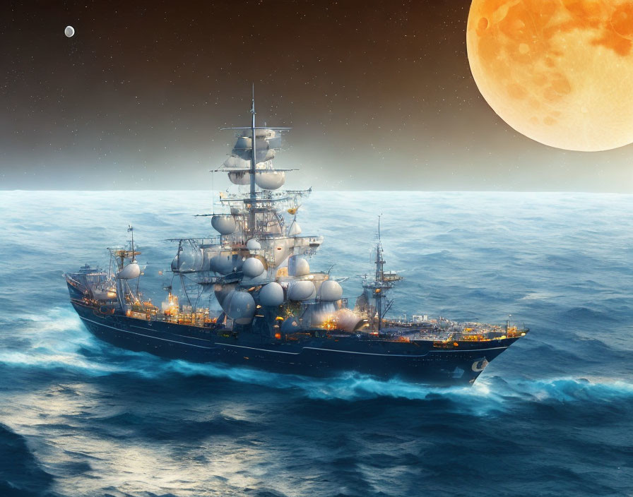 Warship sailing on serene sea under two celestial bodies