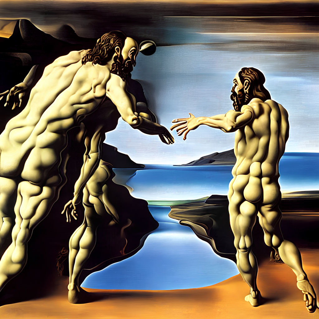 Surrealistic painting of nude men reaching in coastal landscape