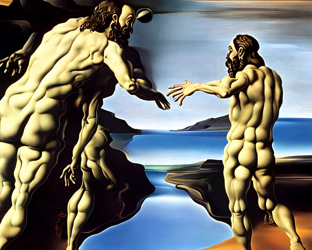 Surrealistic painting of nude men reaching in coastal landscape