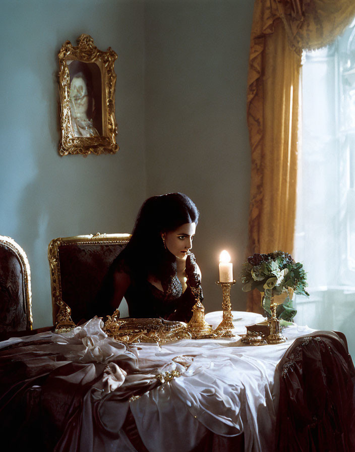 Vintage woman at candlelit table with opulent decor and portrait