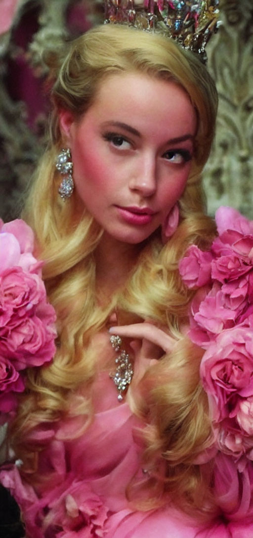 Woman in Pink Gown with Floral Embellishments and Crown Holding Rose