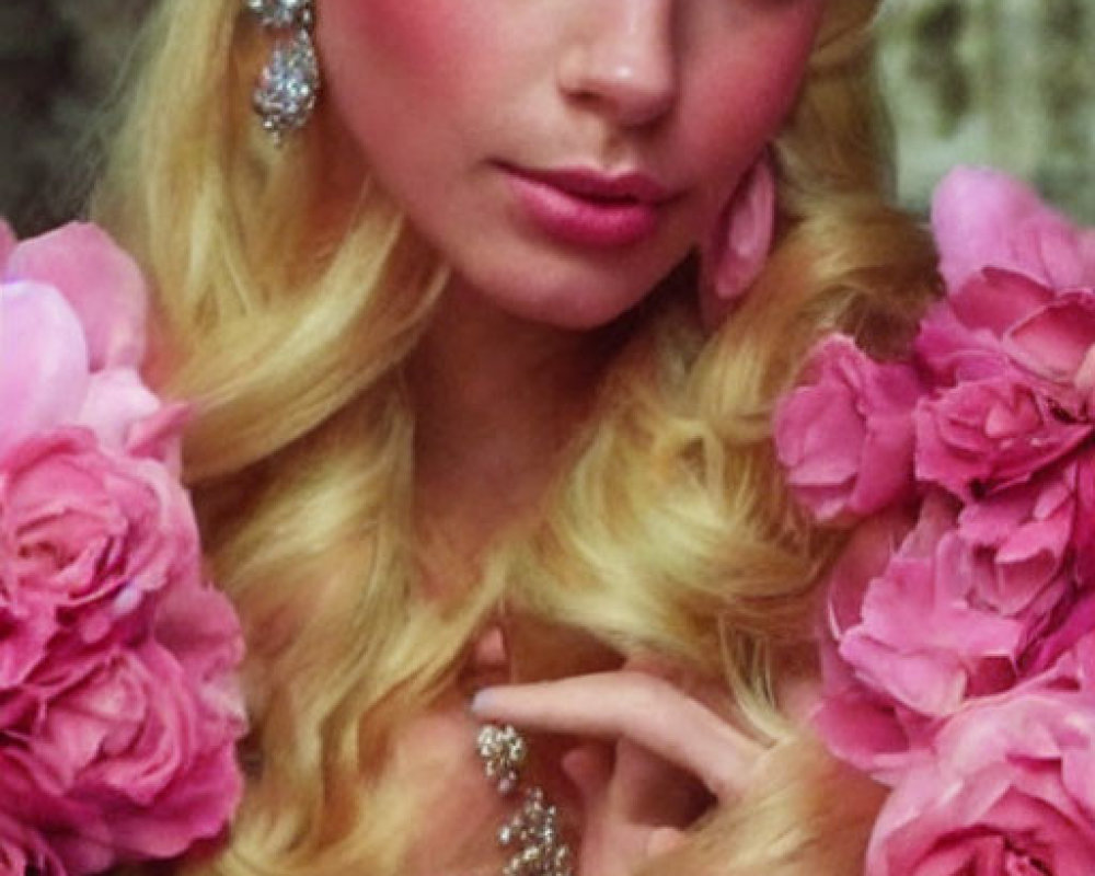 Woman in Pink Gown with Floral Embellishments and Crown Holding Rose