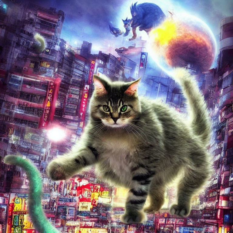 Large Tabby Cat in Front of Futuristic Cityscape with Flying Cars and Explosion