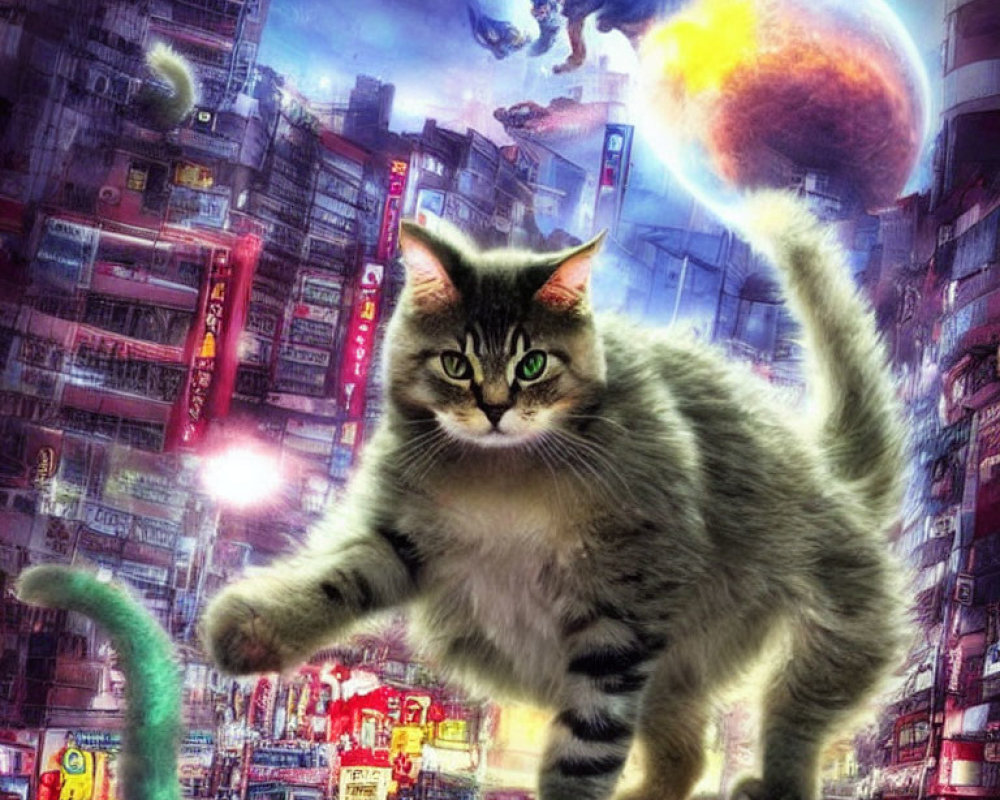 Large Tabby Cat in Front of Futuristic Cityscape with Flying Cars and Explosion