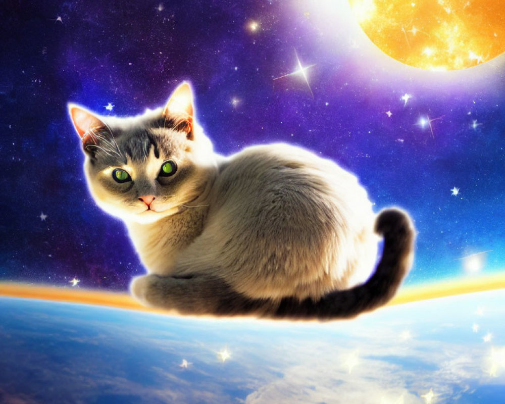 Whimsical cat with striking eyes lounging in space above Earth