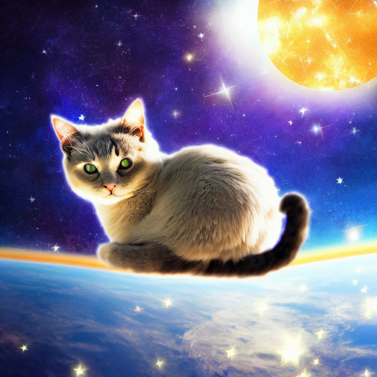 Whimsical cat with striking eyes lounging in space above Earth