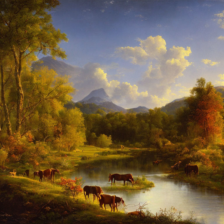 Tranquil landscape with grazing horses by river