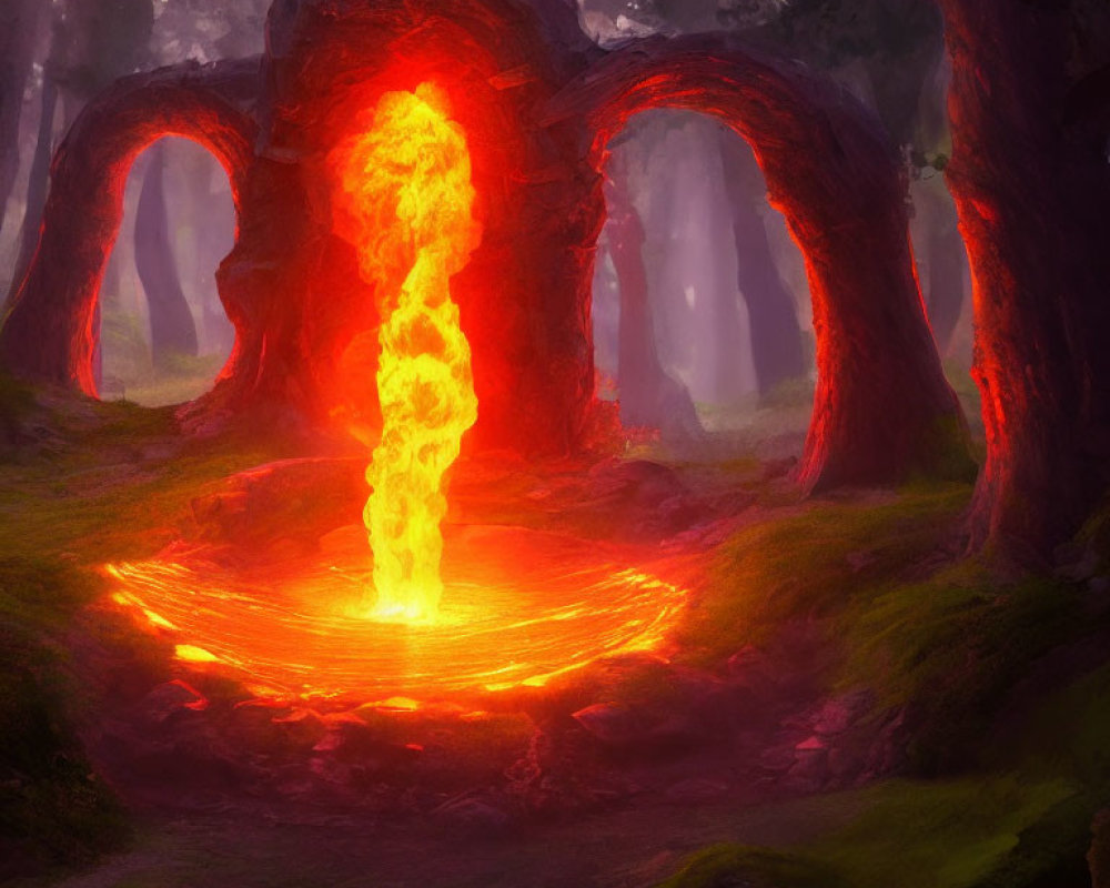 Mystical forest scene with lava portal and hollow trees under red glow
