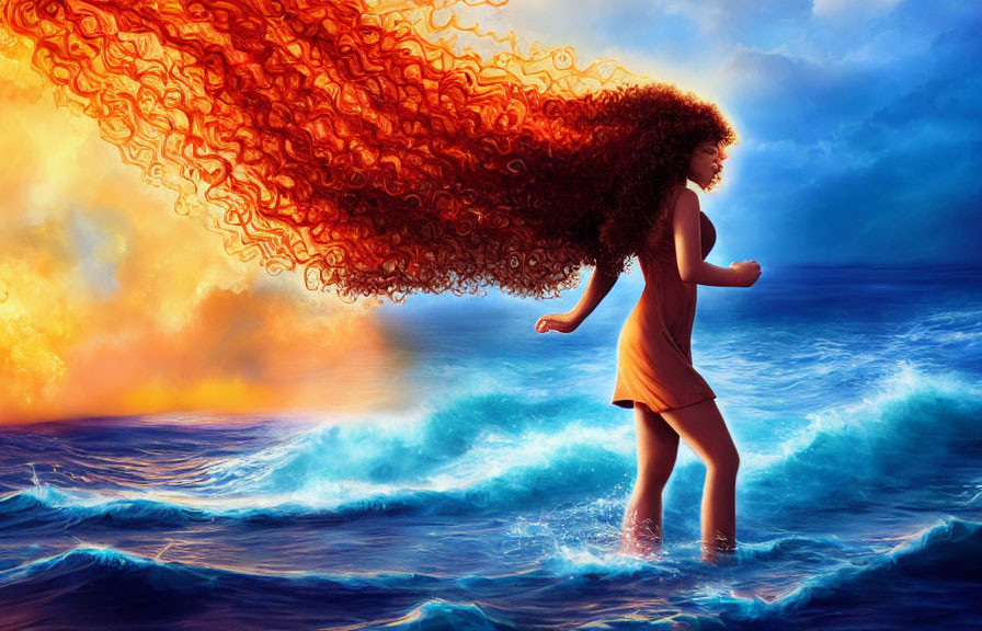 Woman with Voluminous Curly Hair Walking on Water in Surreal Ocean and Sky Scene