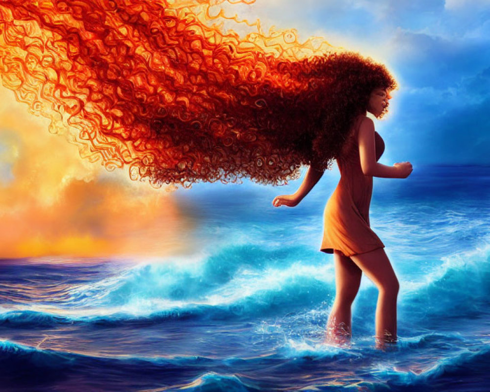 Woman with Voluminous Curly Hair Walking on Water in Surreal Ocean and Sky Scene