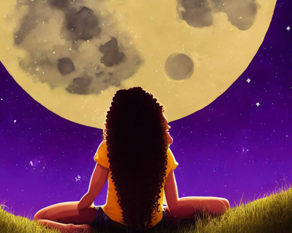 Curly Haired Person Sitting on Grass Under Detailed Moon