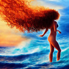 Woman with Voluminous Curly Hair Walking on Water in Surreal Ocean and Sky Scene