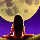 Curly Haired Person Sitting on Grass Under Detailed Moon