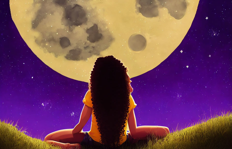 Curly Haired Person Sitting on Grass Under Detailed Moon