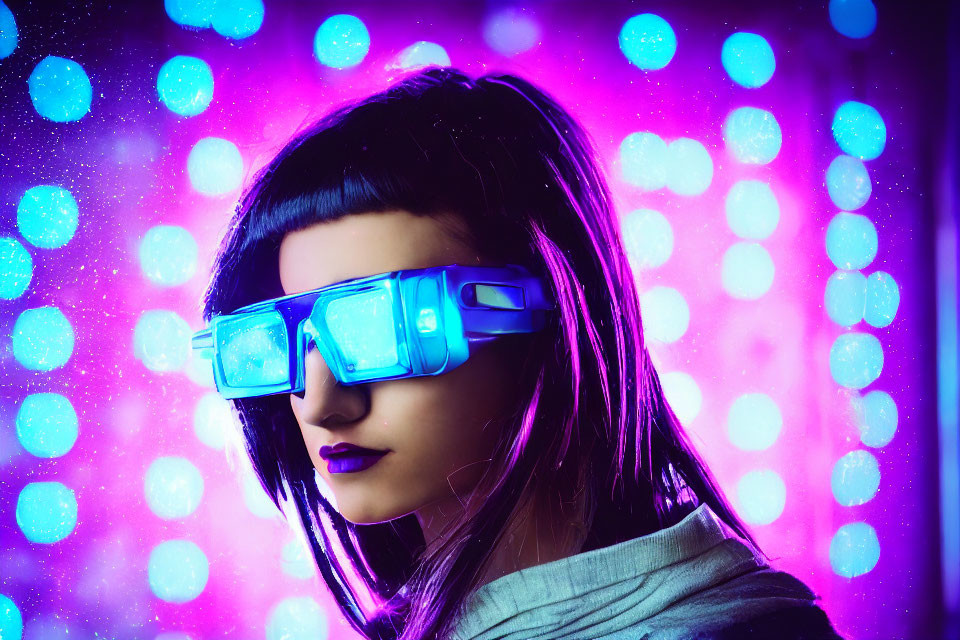 Futuristic blue goggles on woman with purple and blue bokeh light background