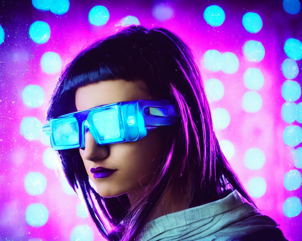 Futuristic blue goggles on woman with purple and blue bokeh light background