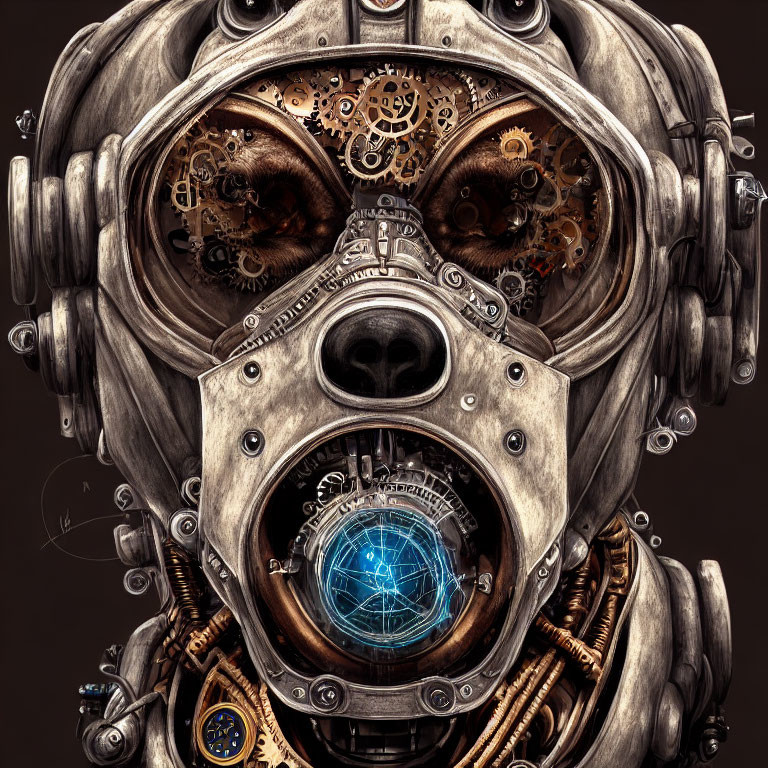 Steampunk-inspired mechanical head with cogwheel eyes and glowing energy core