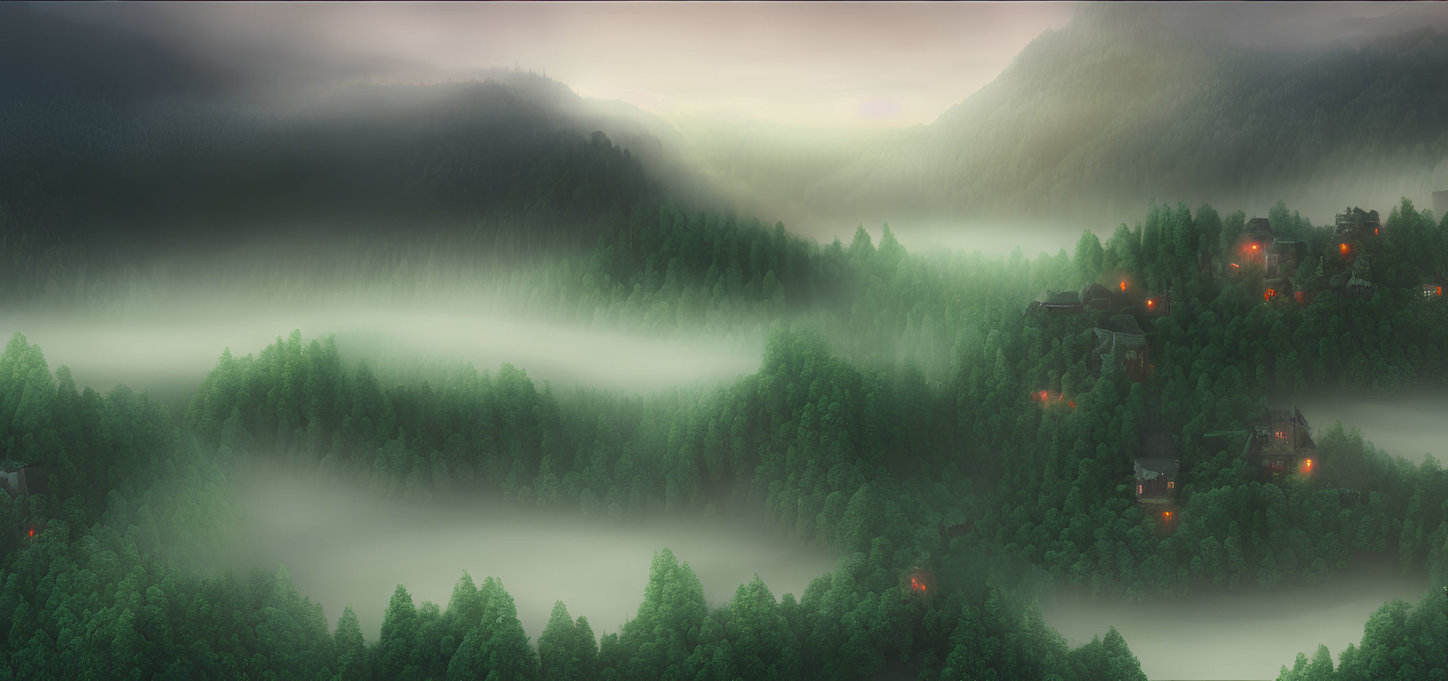 Misty mountain landscape at dawn with forest and glowing houses