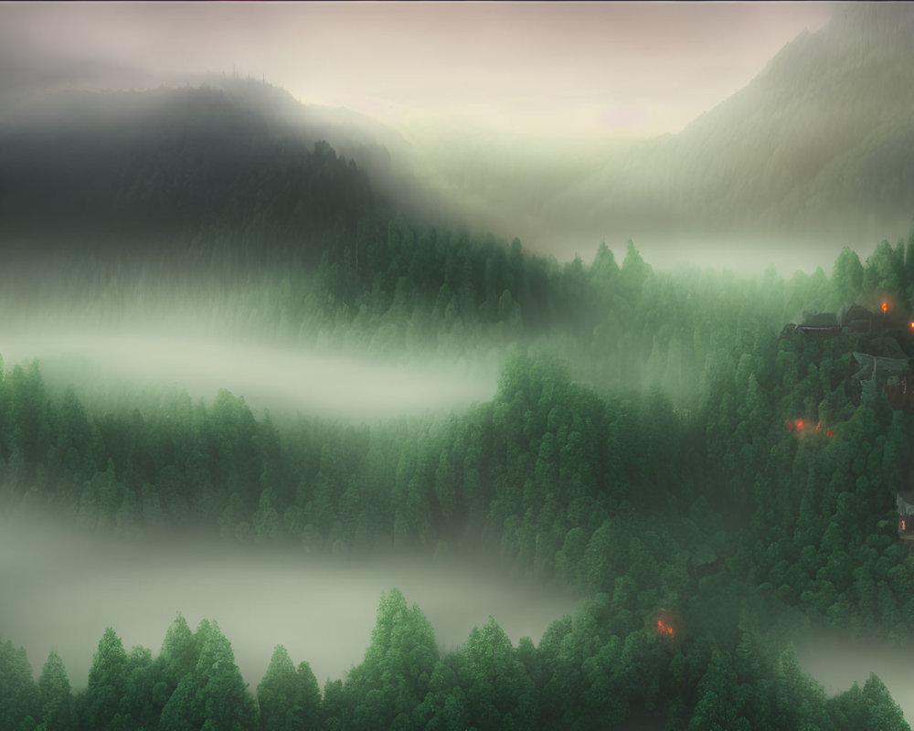 Misty mountain landscape at dawn with forest and glowing houses