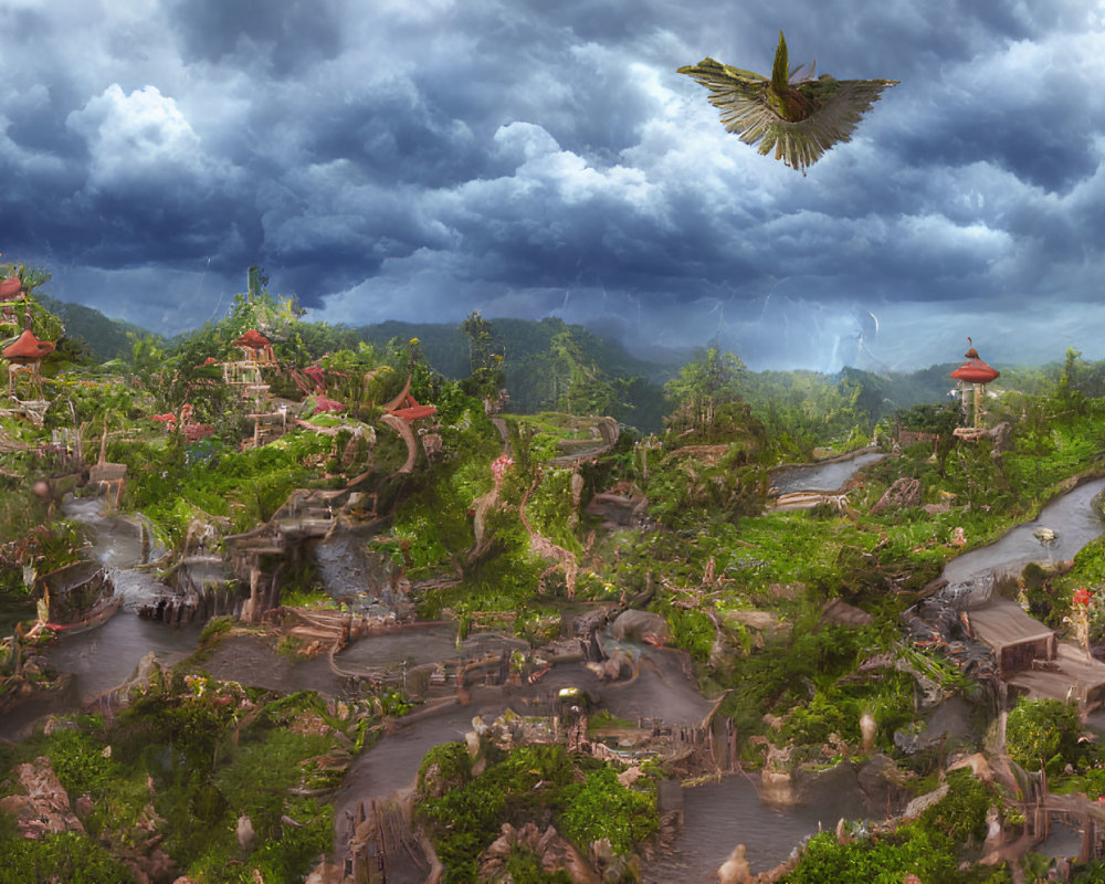 Panoramic fantasy landscape with oriental architecture and dramatic sky