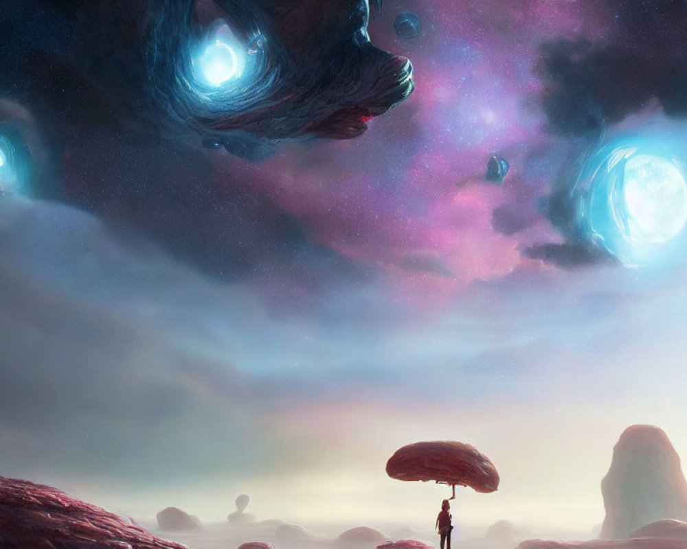 Person under massive mushroom on alien landscape with swirling nebulae-filled sky