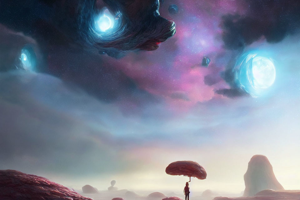 Person under massive mushroom on alien landscape with swirling nebulae-filled sky