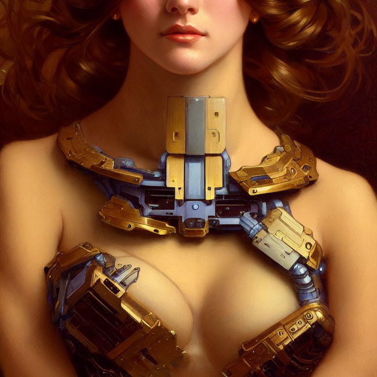 Curly-Haired Woman in Futuristic Mechanical Collar & Sci-Fi Style