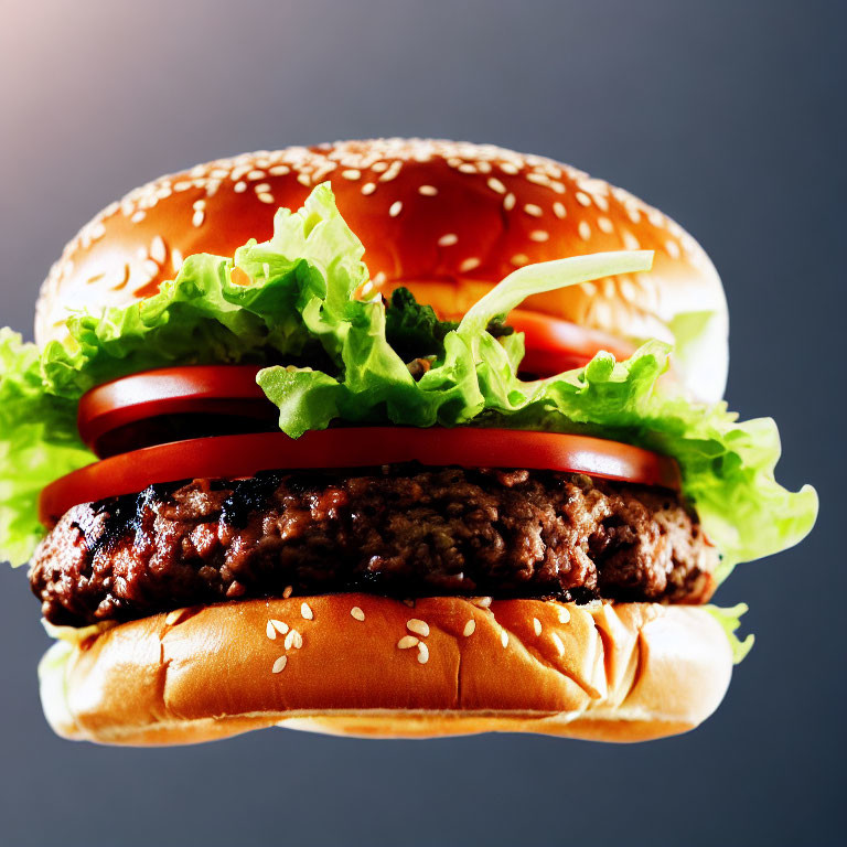 Sesame Seed Bun Hamburger with Lettuce and Tomato Close-Up