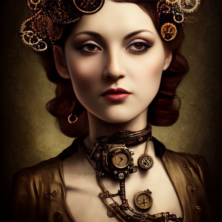 Pale-skinned woman in steampunk attire with bold makeup and mechanical embellishments.