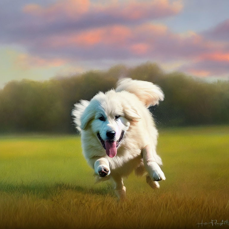 Fluffy White Dog Running in Field with Pastel Sky