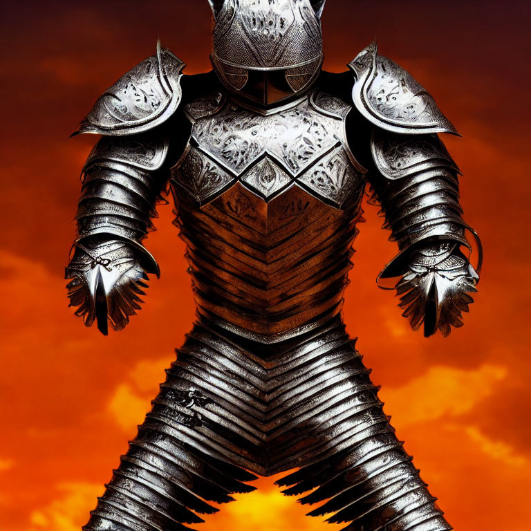 Ornate full-body armored knight against fiery orange backdrop