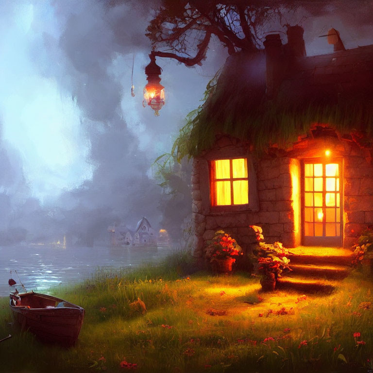 Tranquil twilight scene of cozy cottage, lantern, boat, and misty lake landscape