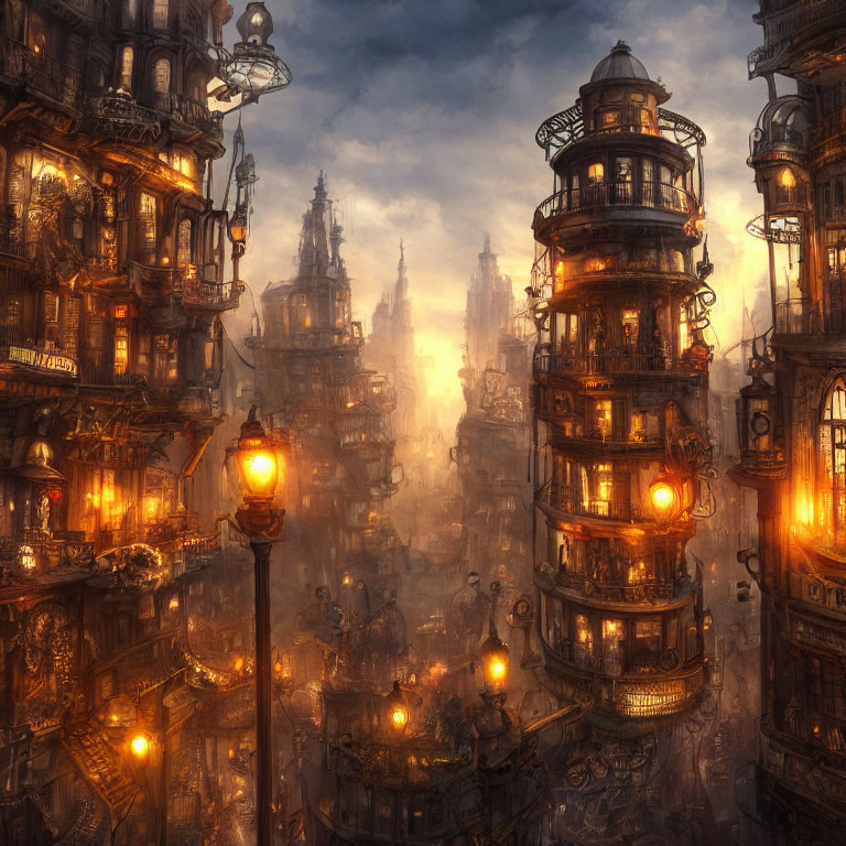 Fantastical cityscape at dusk with illuminated towers and lanterns