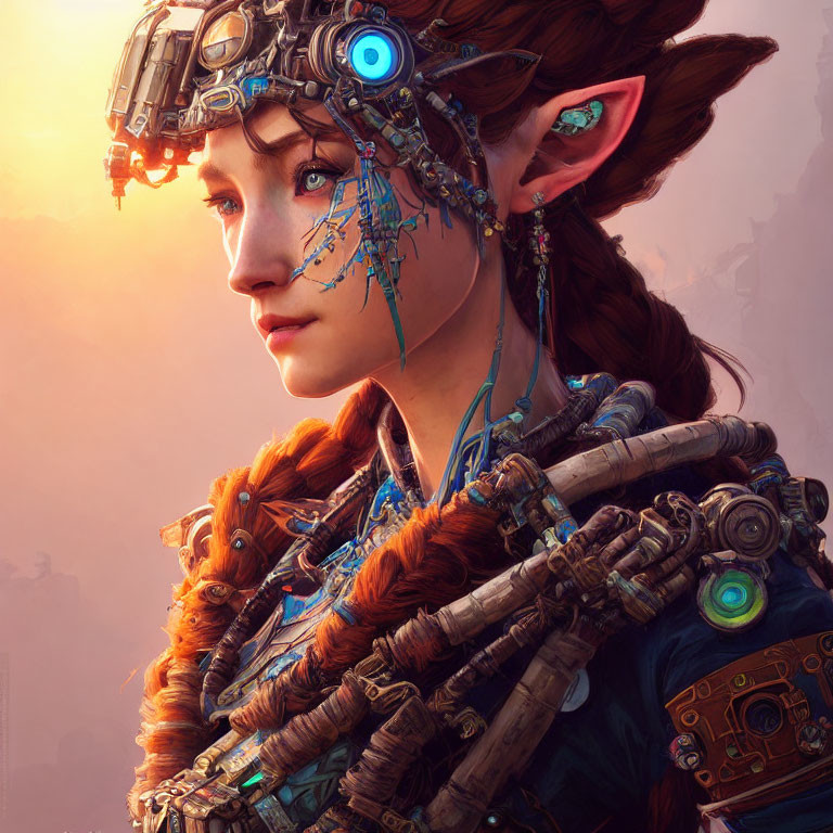 Futuristic headgear with glowing blue elements on woman with elfin features