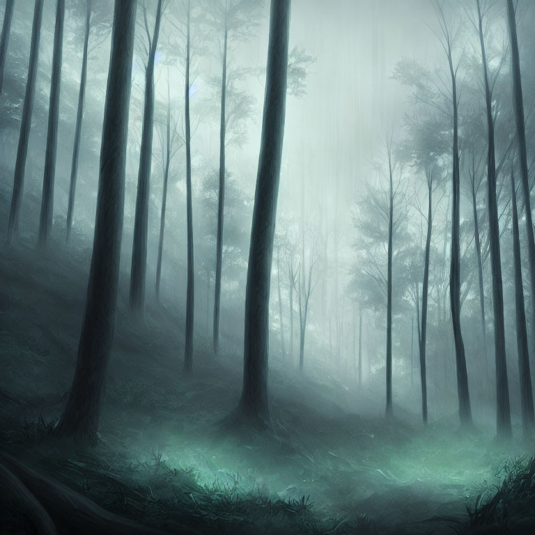 Mysterious forest scene with mist, slender trees, and blue glow