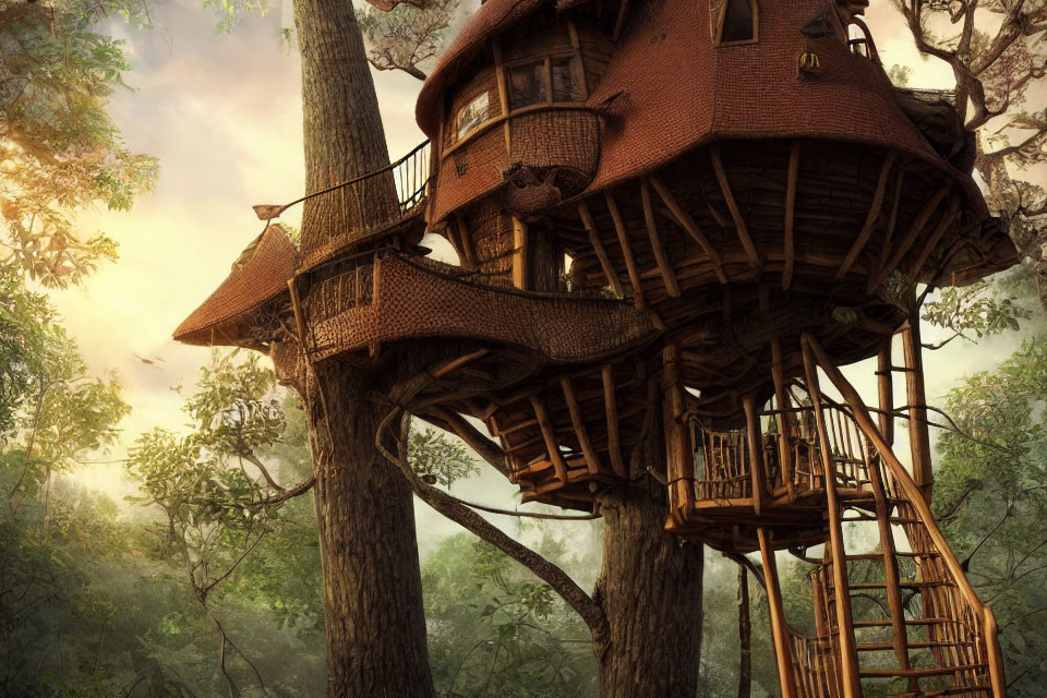 Intricately Designed Wooden Treehouse with Spiral Staircase in Forest at Dusk