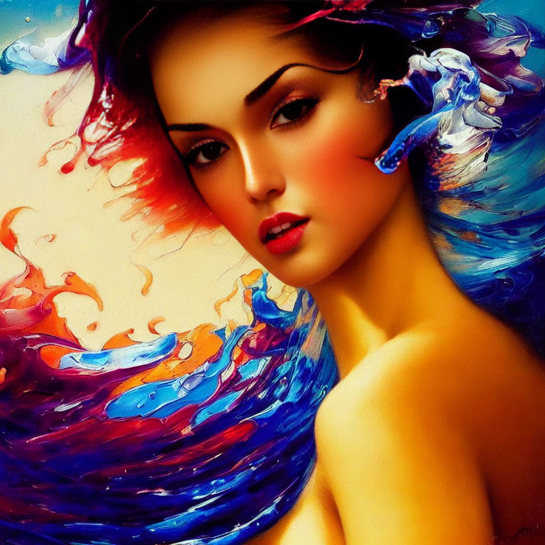 Colorful Abstract Artwork Featuring Woman with Flowing Blue and Red Waves