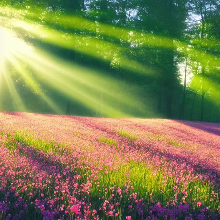 Sunlight shining on pink wildflowers in a forest clearing