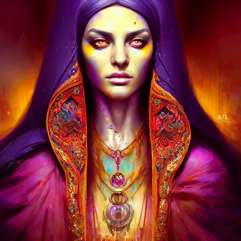 Digital portrait of woman with purple skin, headscarf, orange attire, and mystical pendant