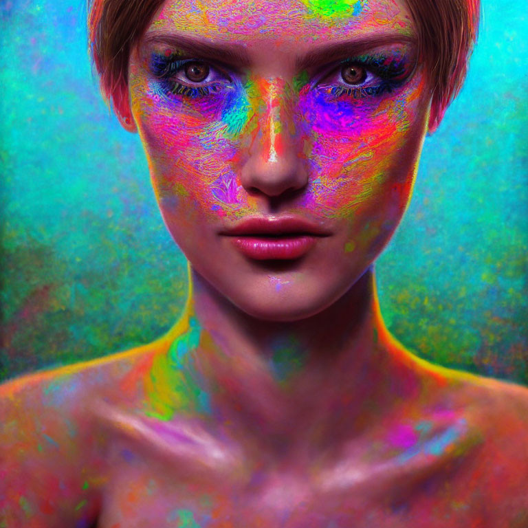 Colorful Neon Painted Woman Against Textured Background