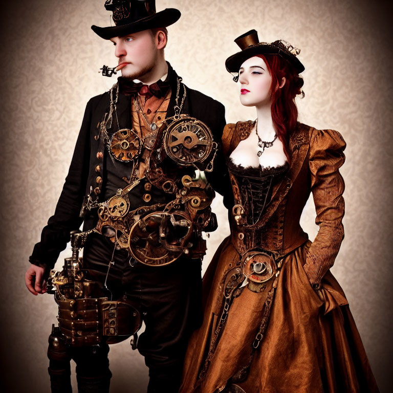 Steampunk couple in Victorian attire against patterned backdrop