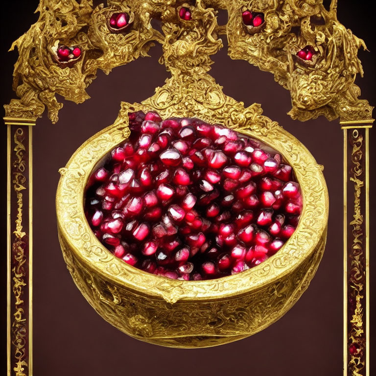 Golden bowl with pomegranate seeds and intricate red designs