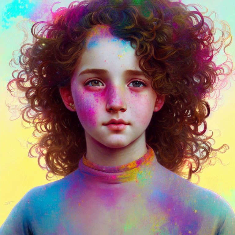 Colorful digital portrait: young girl with curly hair and splashes on face, pastel background