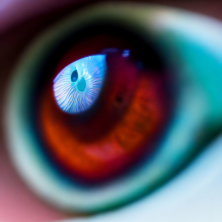 Detailed image of a dilated human eye with multicolored reflections