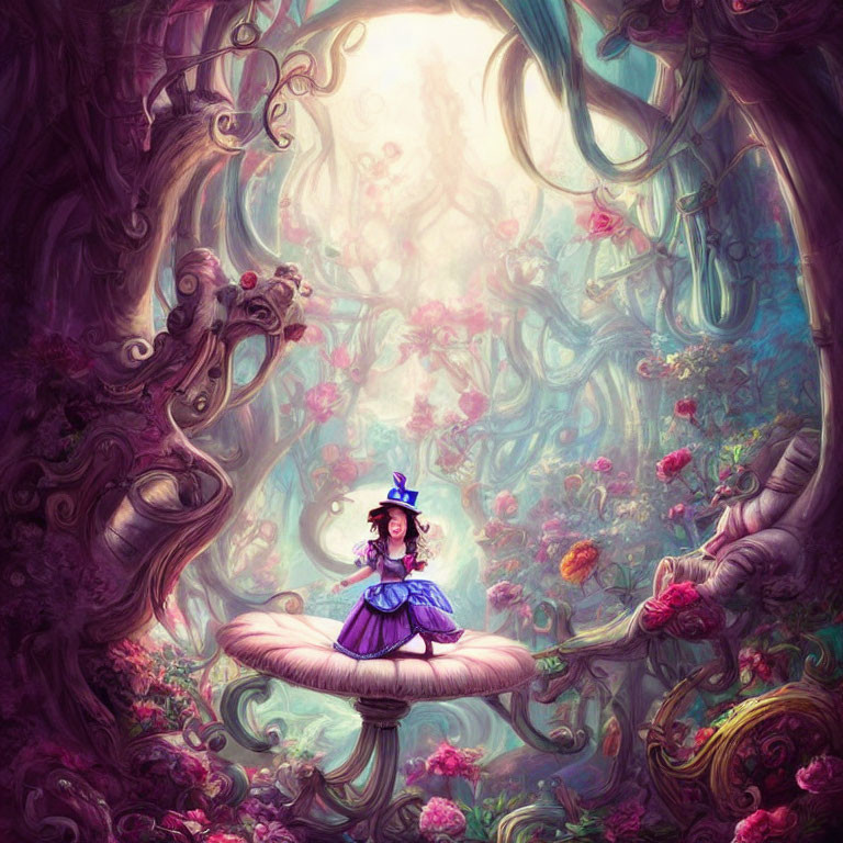 Illustration: Girl in purple outfit on mushroom in enchanted forest