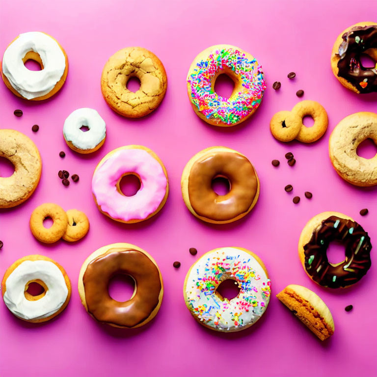 Variety of Frosted Doughnuts with Sprinkles and Cookies on Pink Background