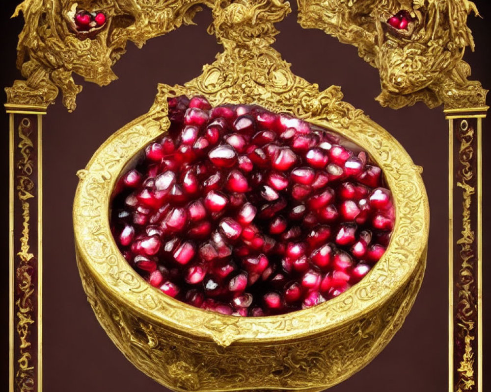 Golden bowl with pomegranate seeds and intricate red designs